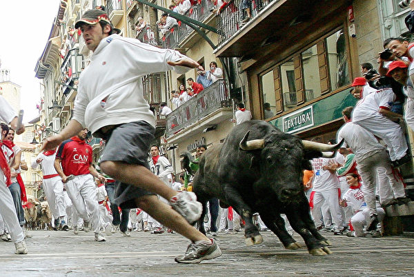 A runner avoids a Santiago Domecq bull, 07 July 2005, during the first 'encierro' of the San Fermin fair in the northern Spanish city of Pamplona,