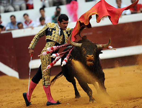 Mexican matador Joselito Adame performs a pass on a Jandilla bull during the festival of Dax, southwestern France, on August 13,2015. AFP PHOTO / GAIZKA IROZ