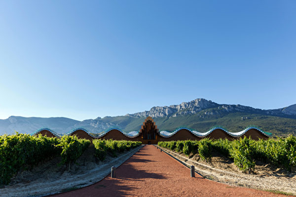 TO GO WITH AFP STORY BY ELODIE CUZIN - General view of the Ysios winery complex designed by Spanish architect Santiago Calatrava and belonging to the Bodegas Domecq at Laguardia near Logrono, northern Spain, on July 22, 2014 . Located far from the beaches that draw millions of tourists to Spain each year, La Rioja has sought over the past decade to draw visitors of its numerous wineries, many featuring stunning contemporary architecture. Today about 80 wineries in La Rioja open their doors to visitors, compared to just a handful a decade ago. AFP PHOTO / CESAR MANSO